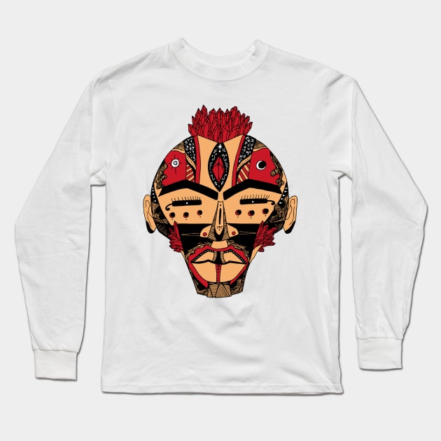 Red and Cream African Mask 4 Long Sleeve T-Shirt by kenallouis
